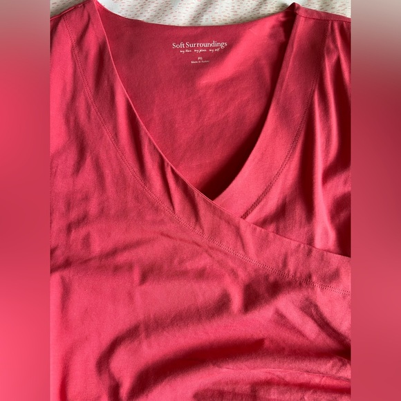 Soft Surroundings Coral Pink Surplice Faux Wrap 3/4 Sleeve Dress Petite Small - Picture 6 of 14